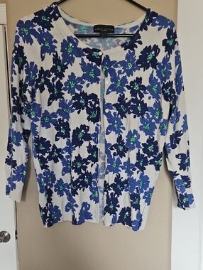 Simply Styled Women's Cream Cardigan with Blue Floral Print and Green Accents